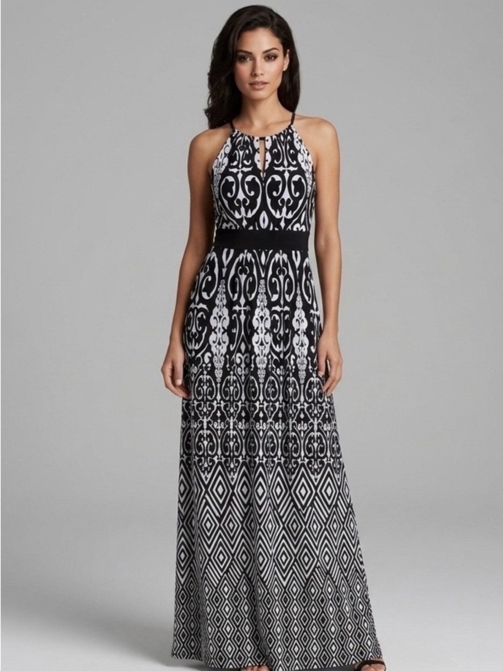 Black & White Halter Maxi Dress with Paisley Print
